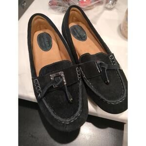 Montana Shoes Womens 9 M Tassel Penny Loafers Black Suede Leather Moc Toe Casual